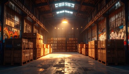 Poster - Industrial Gothic Warehouse with Stacked Crates and Graffiti Walls