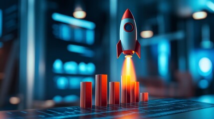 Poster - Rocket launching from bar graph, symbolizes growth and success.