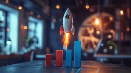 Poster - Rocket launching above rising bar graph, symbolizing growth and success in business.