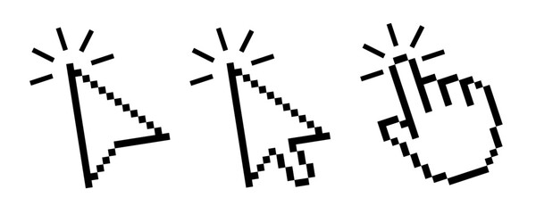 Aufkleber - Pixel cursor pointer icons set. Computer mouse click arrow and hand. Pixel hand arrow logo vector isolated