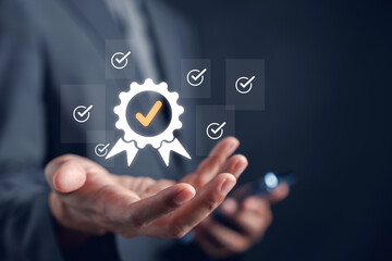 Aufkleber - Guarantee and quality standard concept with checkmark icon in hand. Represents business trust, certification, approval system, and verified performance assurance.