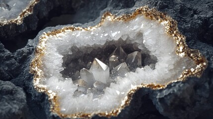 Poster - Close-up of a geode with quartz crystals inside, showcasing its intricate details and golden rim.