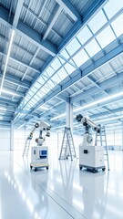 Poster - Minimalist Warehouse with Robotic Arms and Rolling Ladders in Soft Glow