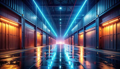 Poster - Futuristic Minimalist Warehouse with Neon Lights and Reflections