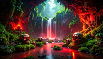 Poster - Enchanted Misty Cave with Waterfall and Glowing Red Skulls