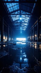 Poster - Modern Warehouse with Broken Skylight and Moonlit Atmosphere