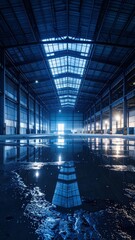 Poster - Modern Warehouse with Broken Skylight and Moonlight Reflections
