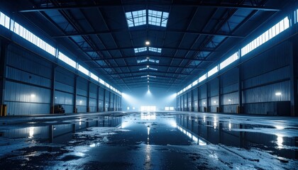 Poster - Modern Warehouse Interior with Broken Skylight and Moonlight Reflection