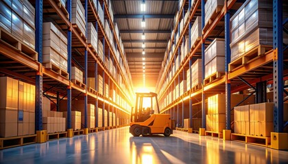Poster - Modern Warehouse Interior with Idle Forklift and Golden Hour Light