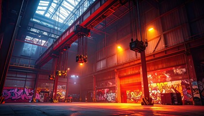 Poster - Modern Warehouse Interior with Chains, Security Cameras and Graffiti