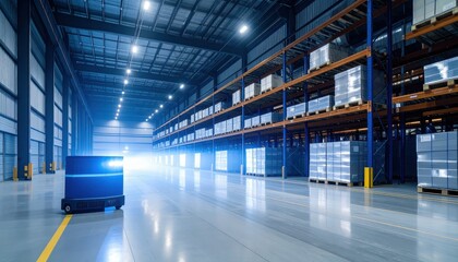 Poster - Modern Warehouse with Laser Scanners and Dust Motes in Moonlight