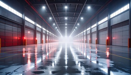 Poster - Modern Warehouse with Mist, Oil Puddles, and Emergency Red Lights