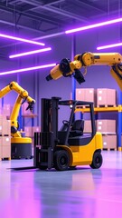 Poster - Modern Warehouse with Robot Arms and Forklift in Ultraviolet Haze