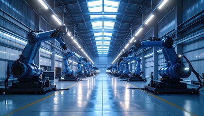 Poster - Neon Lit Warehouse with Robots Under Broken Skylight and Spotlight