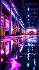 Poster - Neon-Lit Warehouse with Graffiti Walls and Oil Puddles