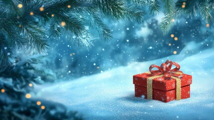 Poster - Red gift box sits in snowy winter scene under pine branches with falling snow.