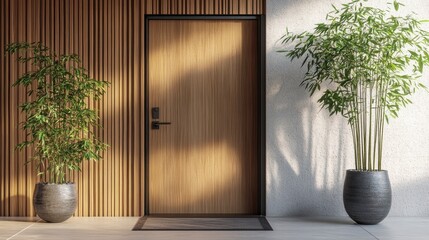 Poster - Modern minimalist home entrance with wooden door, bamboo plants, and sleek design.