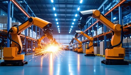 Poster - Neon-Lit Warehouse with Robot Arms Igniting Sparks and Firelight