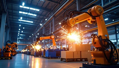 Poster - Neon-Lit Warehouse with Robot Arms and Sparking Wires at Low Angle