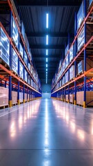 Poster - Neon Lit Warehouse Interior with Shipping Containers and Shelves