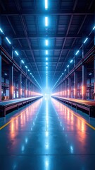 Poster - Neon Warehouse with Lit Conveyor Belts and Sparking Wires in Mist