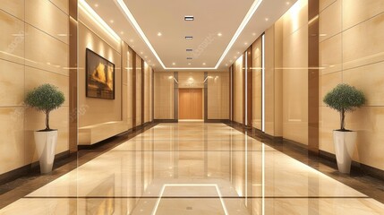 Poster - Luxurious hotel corridor with beige marble floors, recessed lighting, and potted plants.