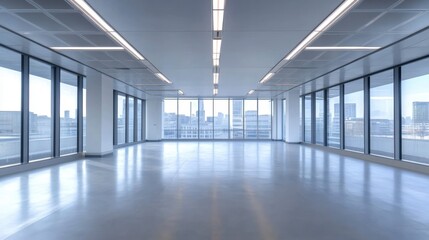 Poster - Empty modern office space with panoramic city view.