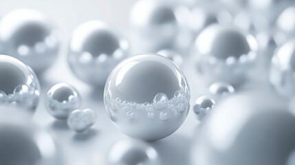 Poster - Close-up of many shiny, reflective spheres in varying sizes on a light grey surface.