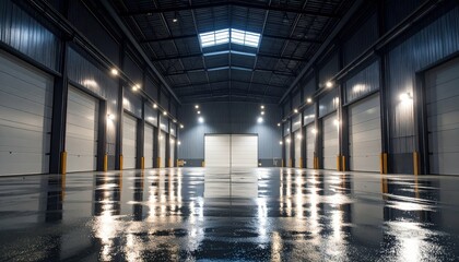 Poster - Serene Night Scene in a Spacious Warehouse with Ambient Light Reflection