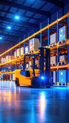 Poster - Forklift in Brightly Lit Warehouse at Night with Security Cameras
