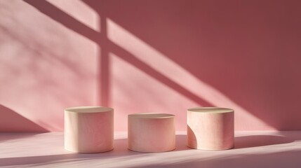 Poster - Three pink cylindrical podiums on a pink surface, illuminated by sunlight casting shadows from a window.