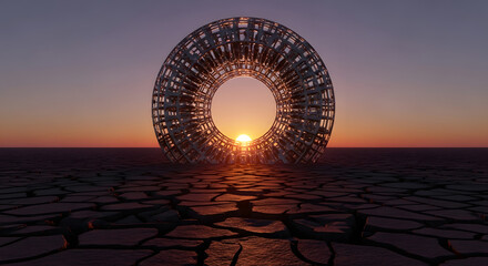 Fototapete - Futuristic Architecture Abstract Sunset View Through Circular Design on Cracked Earth, Concept Art.