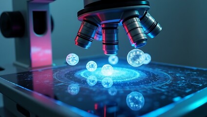 Poster - Close-up of a microscope with futuristic holographic display and glowing orbs.