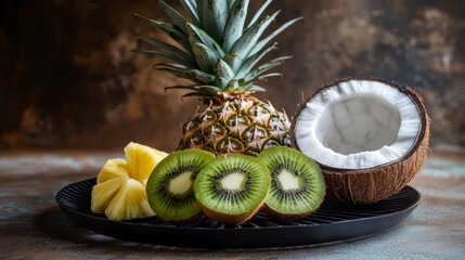 Poster - Fresh pineapple, kiwi, and coconut halves on a dark plate.