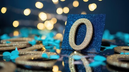 Poster - Sparkling celebration: Golden zeros amidst bokeh lights and teal confetti