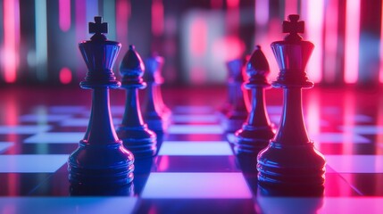 Poster - Close-up of chess pieces on a board with neon lighting.