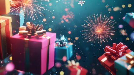 Poster - Colorful presents and fireworks celebrating a festive occasion.