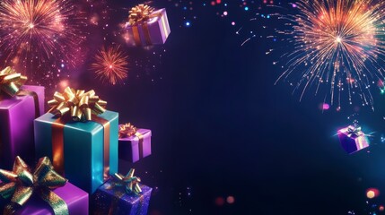 Poster - Festive gifts and fireworks celebration.