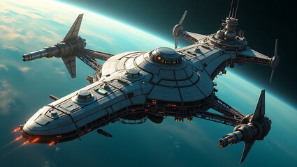 a futuristic spaceship with sleek design, hovering above the blue earth, surrounded by a starry back