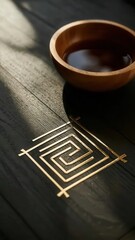 Poster - Harmony in Stillness: Wood Bowl with Liquid and Golden Geometric Design