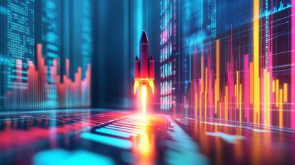 Poster - Rocket launching amidst vibrant financial data visualizations, symbolizing growth and innovation in the tech industry.