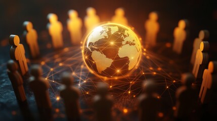 Poster - Global network connection, people surrounding glowing earth.