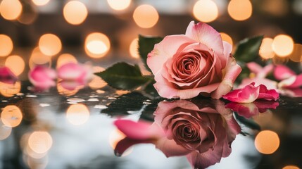 Aufkleber - Pink rose with petals reflected on a dark surface, bokeh lights background.
