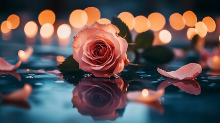 Poster - Single pink rose with petals and reflection in water, surrounded by candlelight.