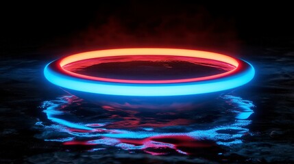 Aufkleber - Glowing neon ring hovering above dark surface, creating vibrant light reflections.