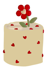 Poster - a charming cylindrical cake, light yellow in color, adorned with numerous scattered red heart shapes.