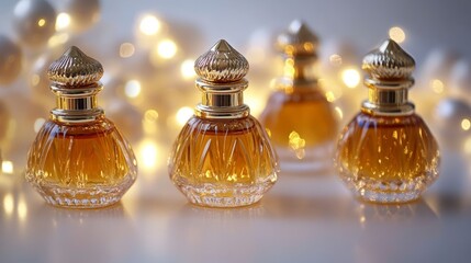 Poster - Three elegant amber perfume bottles with gold caps, bokeh lights background.
