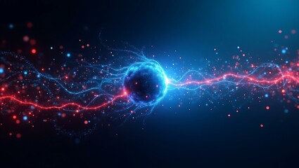 Poster - An abstract representation of energy and motion with glowing orbs and vibrant light trails in blue and red hues.