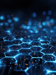 Poster - An abstract technology background with a network of glowing blue hexagons and electronic circuitry elements