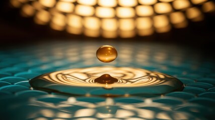 Poster - Suspended droplet creating ripples on teal surface with golden reflections